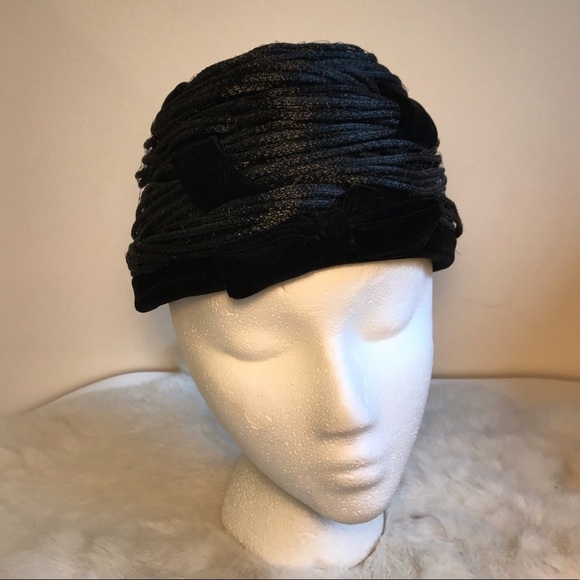 Vintage 1950s Black Bee Hive Woven Hat Velvet main image 9